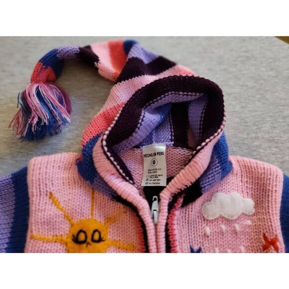 PERUVIAN HAND KNIT PATCHWORK HOODED ZIP UP PINK SWEATER NWT - Picture 4 of 11